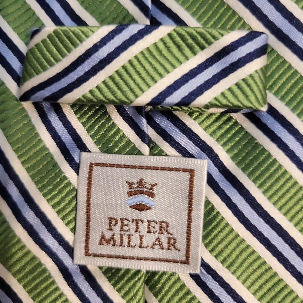 PETER MILLAR Silk Seven Fold Necktie Tie Green Blue White Striped Hand Folded